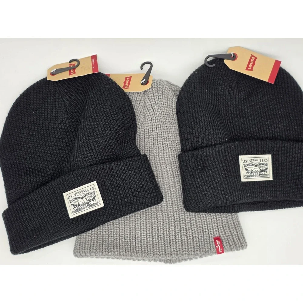 Levi's Beanie Hat 3 Pack Lot 2 Black Ribbed Fold Over Cuff Logo, 1 Gray NWT